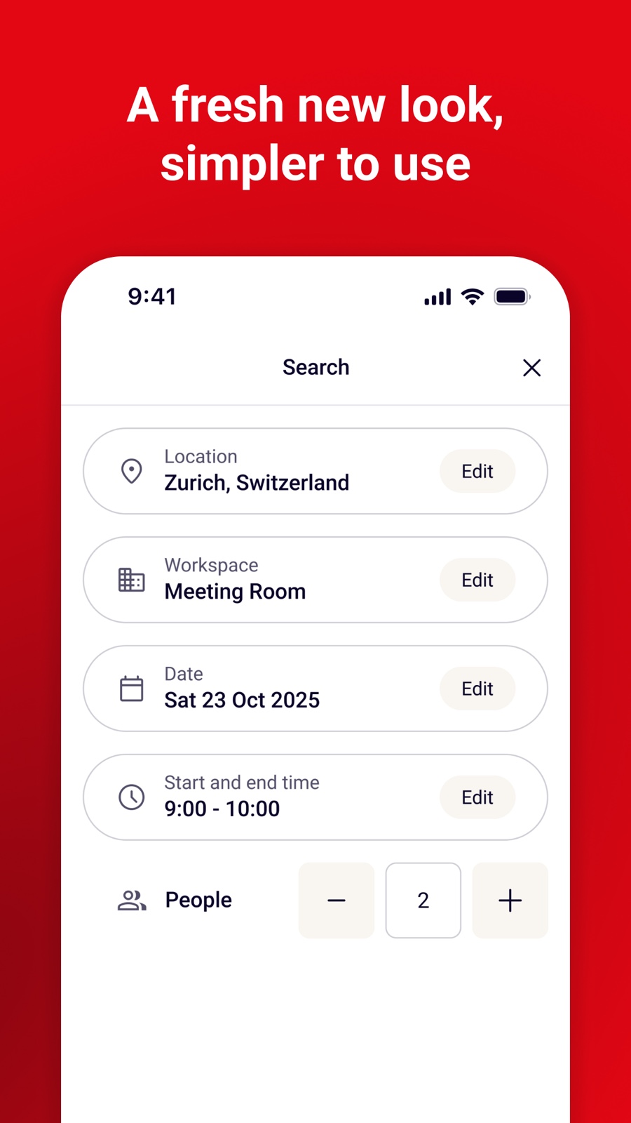 Streamlined booking search screen in the redesigned Regus app